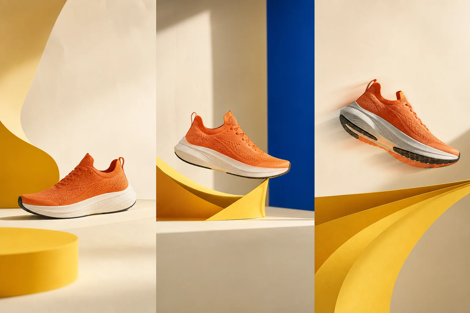Three sequential product frames of an orange running shoe lifting into motion